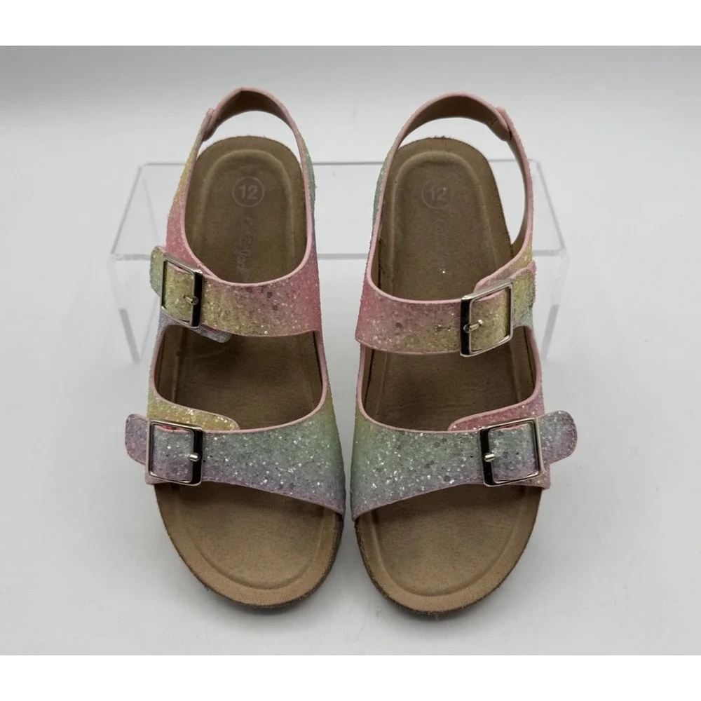 Cat & Jack Multi Color Glitter Girls Buckle Sandals, Adjustable Sz.12 Pre-owned